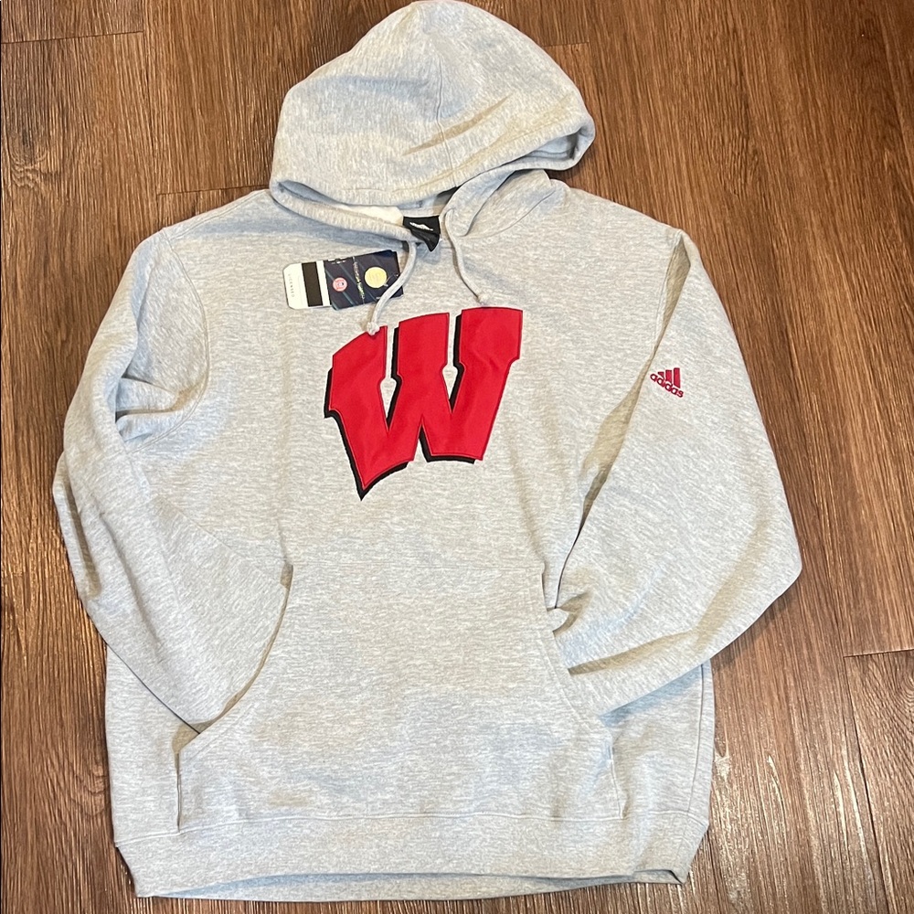Adidas Wisconsin Light Gray Hoodie with Bold Red Lettering